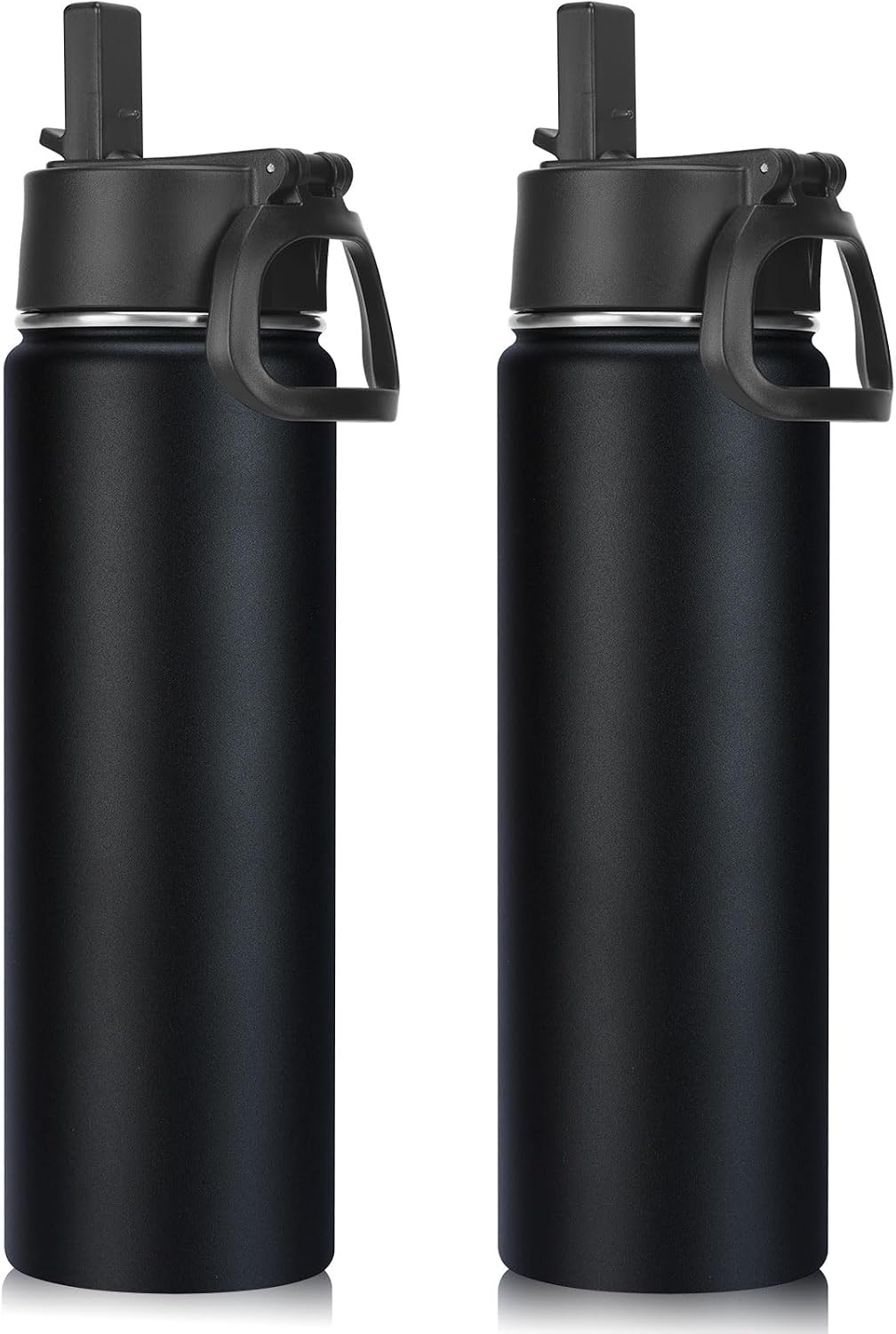 Neihepal 22 oz Insulated Water Bottles with Leak Proof Straw Lid, Wide Mouth Double Walled Vacuum Stainless Steel Metal Water Bottle (Black,2 Pack)