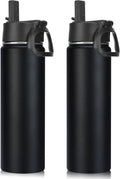Neihepal 22 oz Insulated Water Bottles with Leak Proof Straw Lid, Wide Mouth Double Walled Vacuum Stainless Steel Metal Water Bottle (Black,2 Pack)