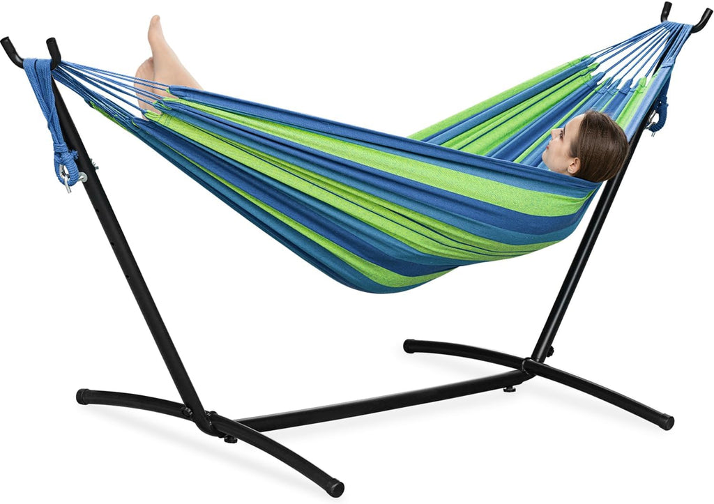 PNAEUT Double Hammock with Stand for Outside, Heavy-Duty, Portable (Blue)