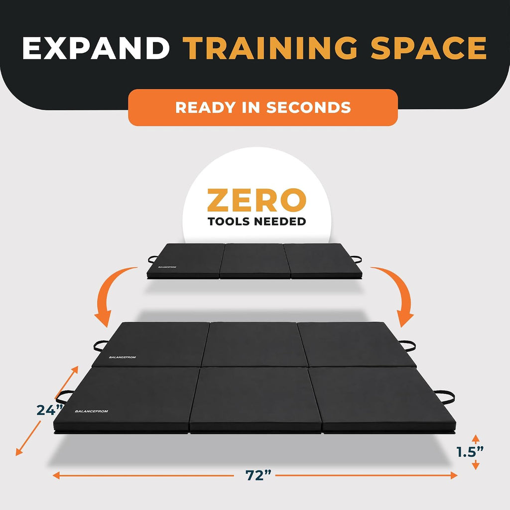 BalanceFrom 6x2 Feet 3-Panel Folding Gymnastics Mat – 1.5-Inch Thick Pad with Vinyl Surface and Carrying Handles for Tumbling, Yoga, Pilates, Home Workouts, and Martial Arts