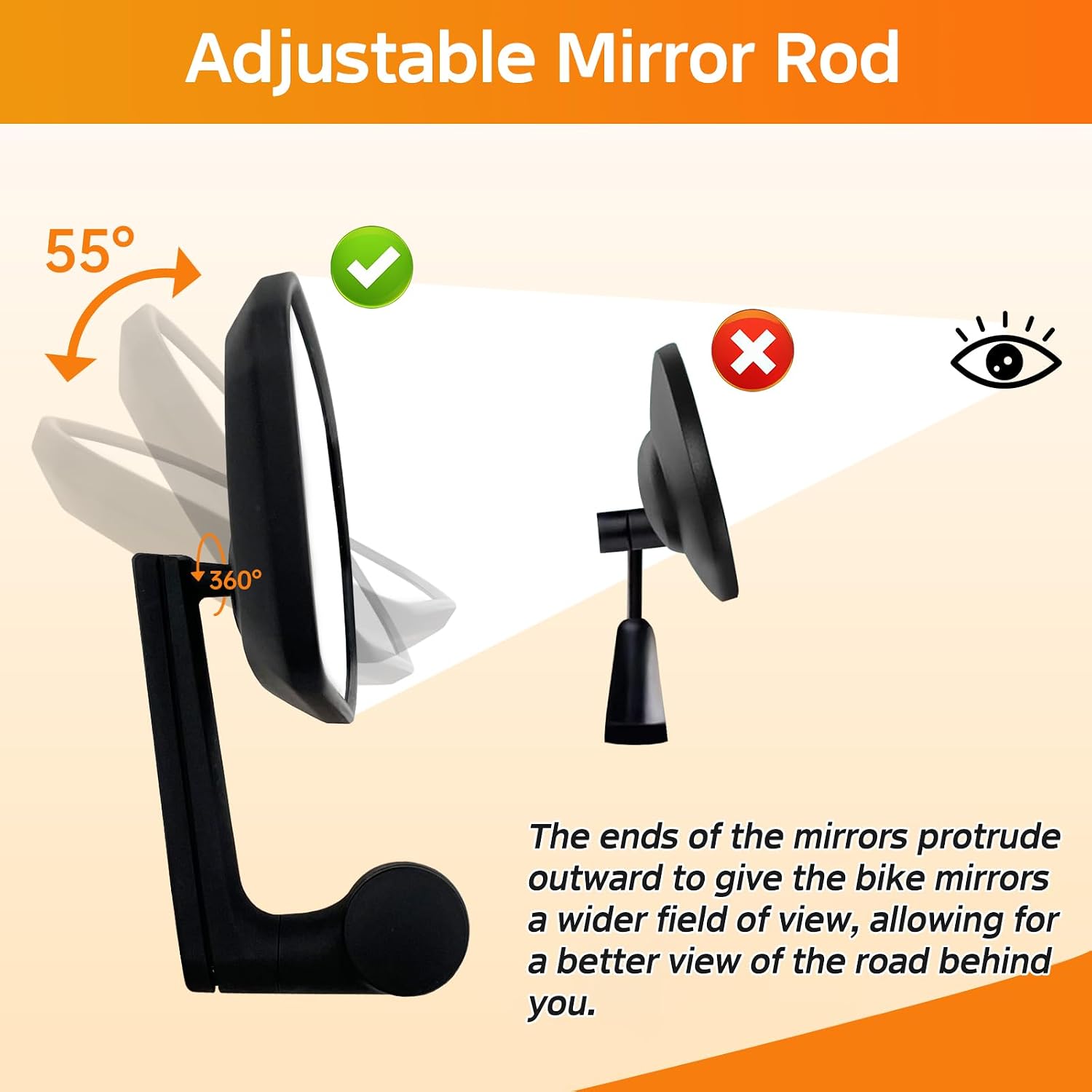 Bike Mirror, Adjustable Bicycle Mirror Handlebar Mount, Scratch Resistant HD Glass Lens, Large Bar End Rear View Mirror for E-bike, Mountain Bike, City Bikes & Scooter (Left 0.59-0.78")