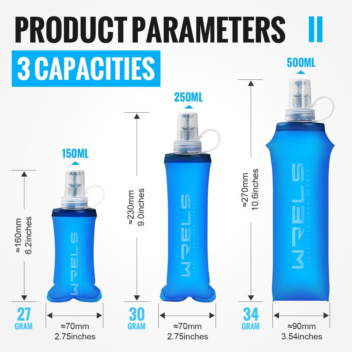 WRELS TPU Collapsible Soft Flask,Lightweight PBA Free Folding Running Water Bottles,Leakproof Durable Hydration Flask for Outdoors (500ml/16.9oz-2 Packs-Dark Blue)
