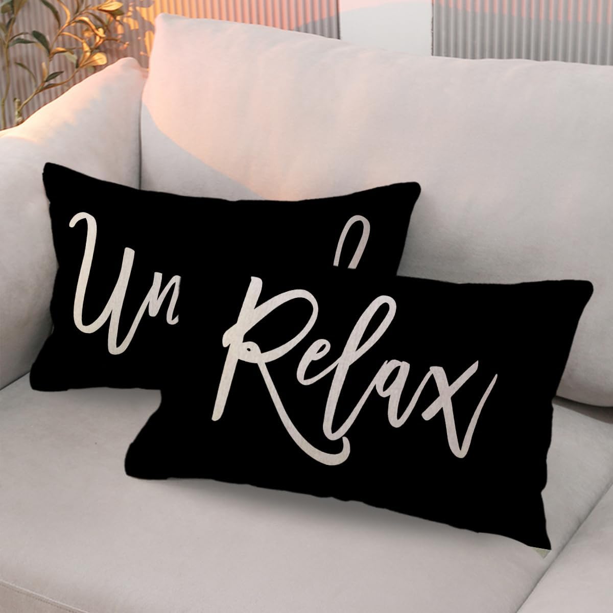 ULOVE LOVE YOURSELF Relax&Unwind Throw Pillow Covers 12x20 Farmhouse Spring Summer Decorative Lumbar Pillowcases Porch Patio Cushion Covers 2Pack for Bedroom Living Room Sofa Couch Home Decor (Black)