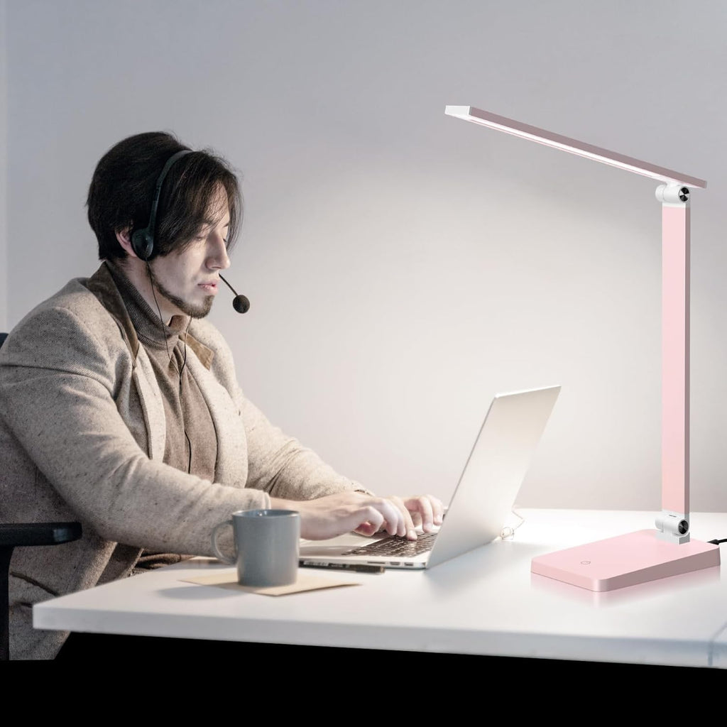 LED Desk Lamp for Home Office, 3 Levels Dimmable Desk Light with USB Charging Port, Reading Lamp for Table Study Work Office Nail Craft Puzzle, Pink, 5000K