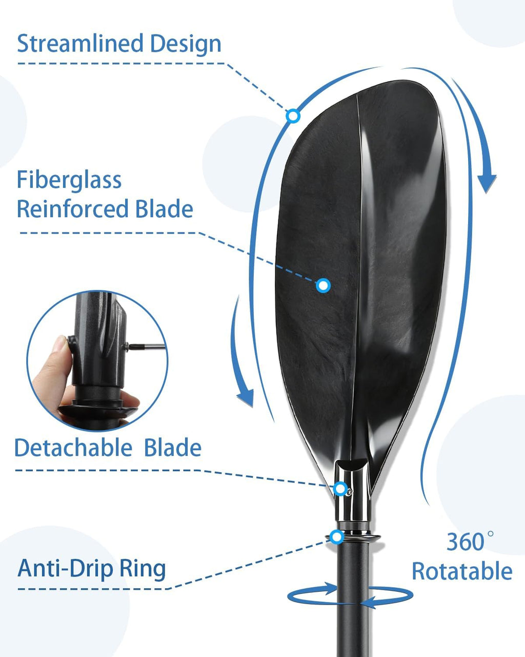 Adjustable Kayak Paddle, 62"–87" Telescopic Kayak Paddle Stainless Steel Shaft & Fiberglass Blades Detachable Travel Canoeing Kayaking Oar for Teens & Adults