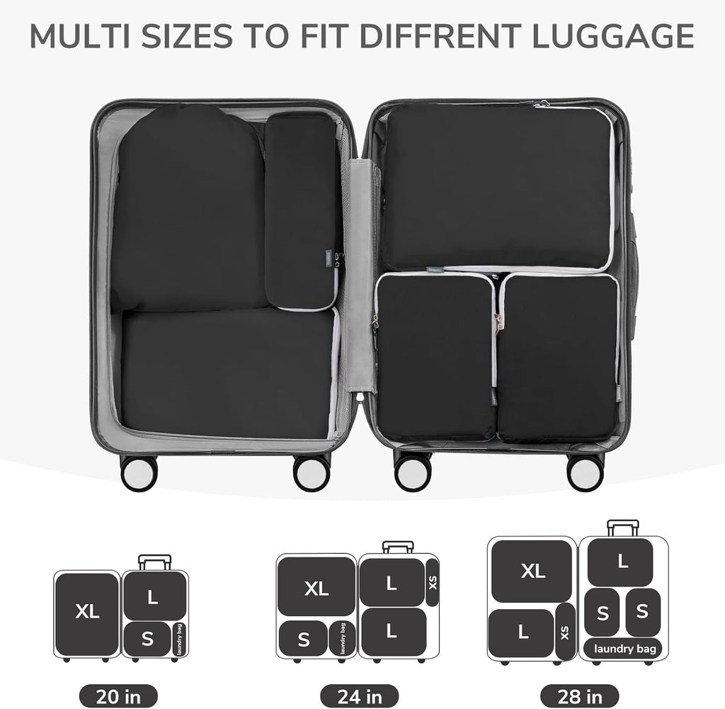 CherryNow 7 Set Compression Travel Packing Cubes for Suitcases, Black