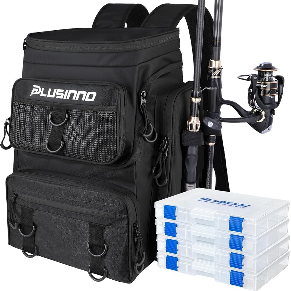 PLUSINNO Fishing Tackle Backpack with Rod Holders，42L Water-resistant Fishing Bag Store Fishing Gear,Fish Gifts For Men.