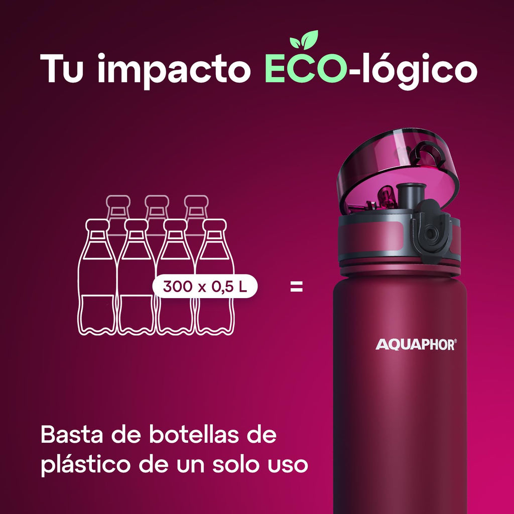 AQUAPHOR City Water Filter Bottle 17 oz | Reusable & Portable Filtered Water Bottle | BPA-Free | Perfect for Camping, Travel, Indoor & Outdoor Use | Ruby Red