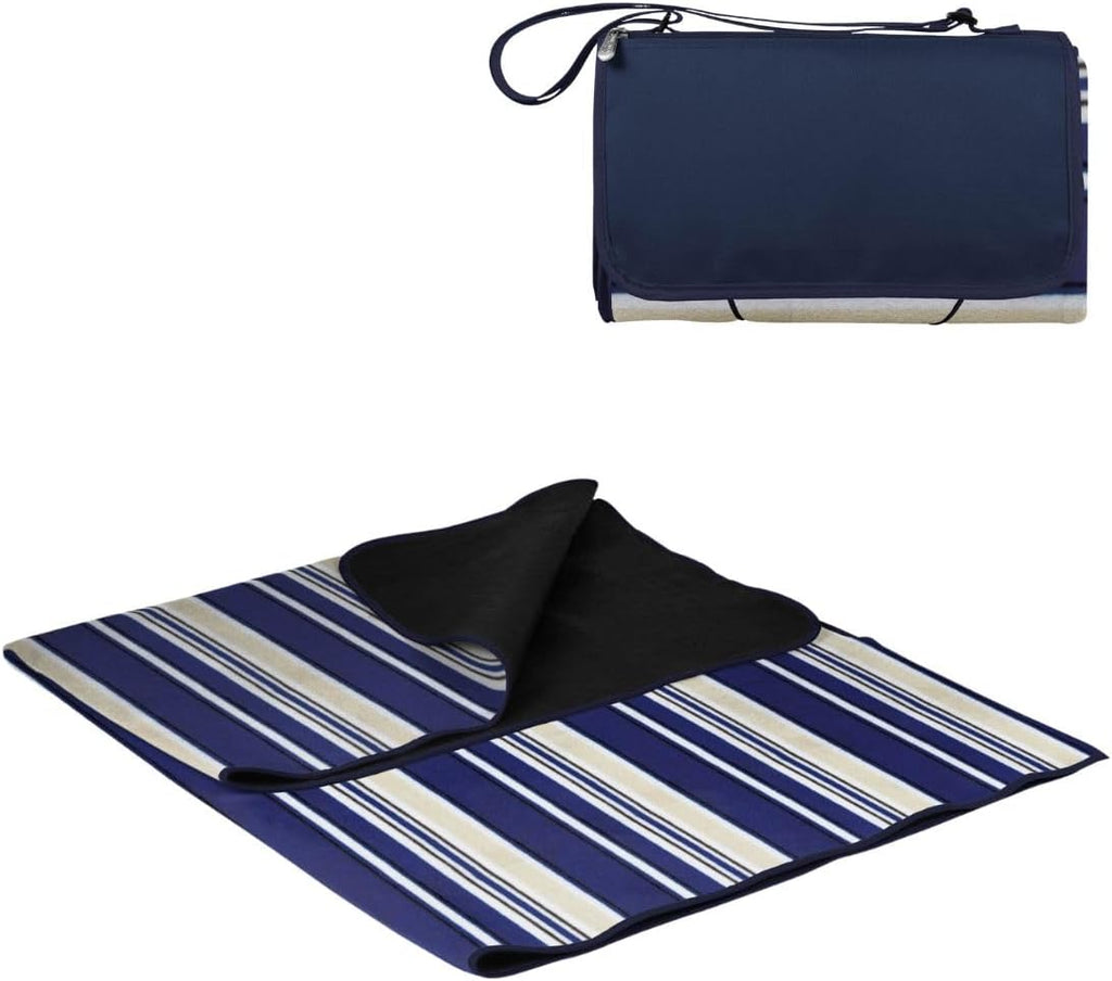 PICNIC TIME Outdoor Picnic Blanket Tote, 59"x51" Foldable Beach & Camping Blanket with Soft Fleece, Water-Resistant Bottom, Adjustable Strap & Zippered Pocket (Navy Blue with Blue Flap)