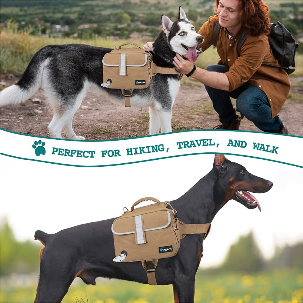 PetAmi Dog Backpack for Medium Large Dogs, Saddle Bag (Tan Canvas, Medium)