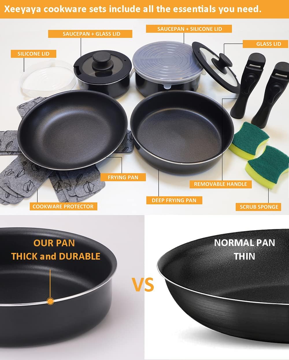 16 Pieces Kitchen Removable Handle Cookware Sets, Stackable Pots and Pans Set Nonstick for Induction Gas RVs Camping Space Saving