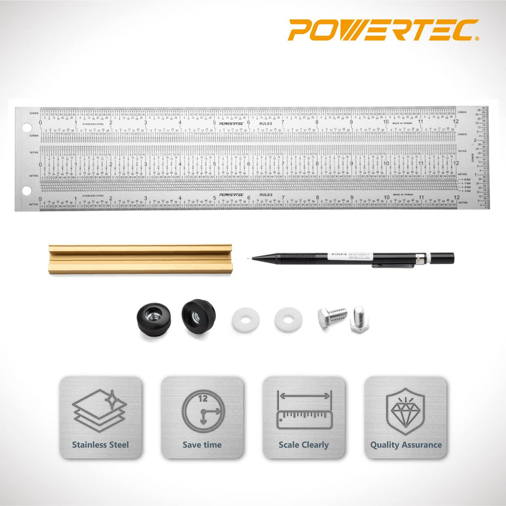 POWERTEC 6'' & 12'' Stainless Steel Precision Marking T-Square, T Rule w/Pencil for Measuring, Scribing, Setting Up Bits Height, Woodworking & Crafting Marking Tools for Drill Press,Table Saw 80032