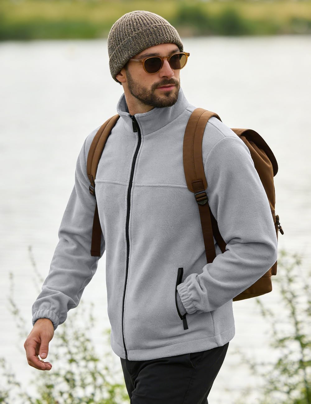 Mens Polar Fleece Jacket Full Zip Lightweight Casual Outdoor Jackets Stand Collar Warm Coats with Pockets