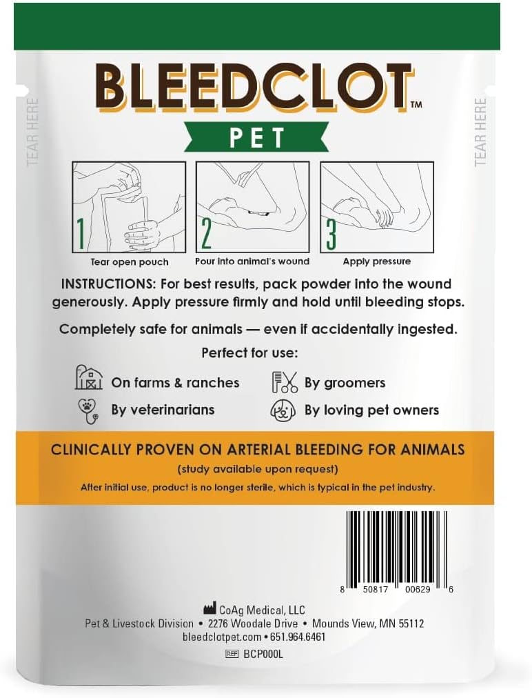 First Aid Blood Clotting Powder | The Best for All Animals to Stop Bleeding, Guaranteed | for Minor Cuts and Severe Arterial Bleeding | from The Makers of BleedStop (4 Pouches (0.5 oz))