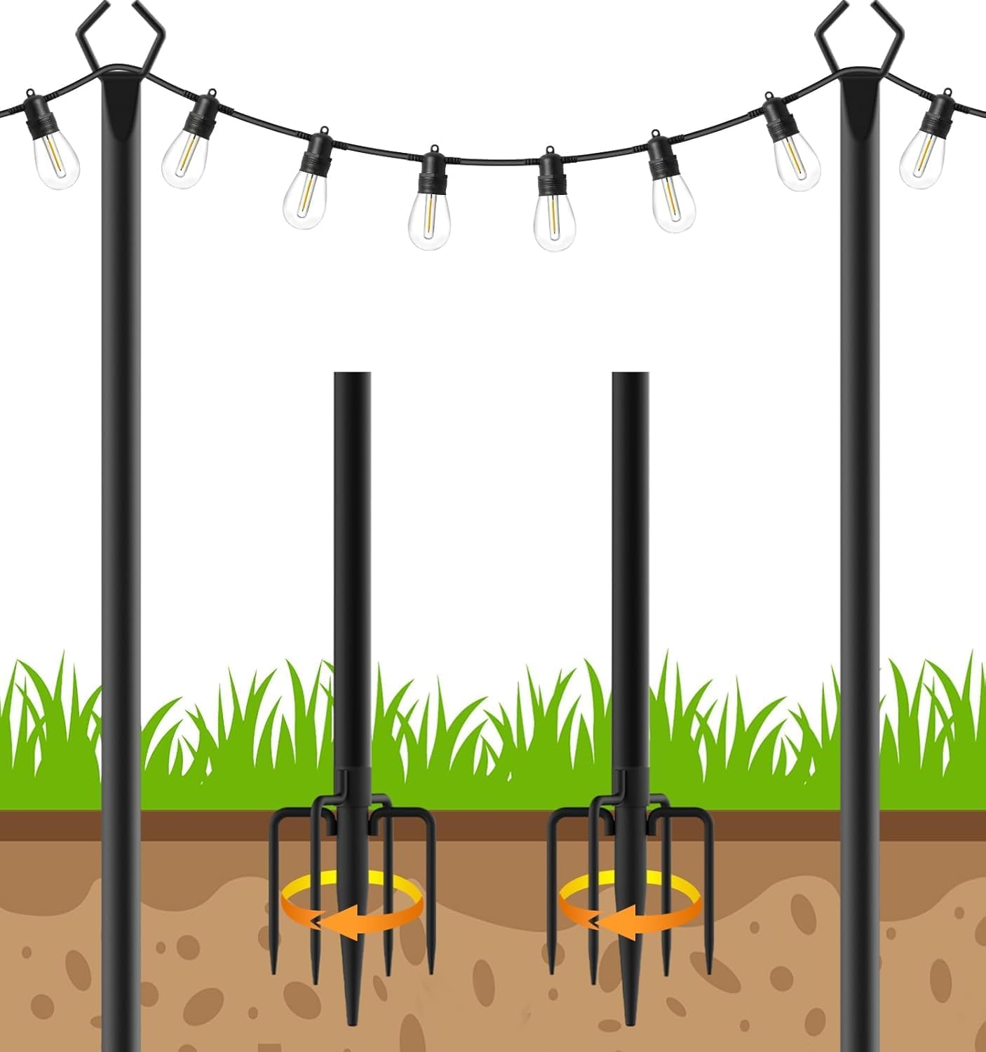 AHRLHR 6 Pack String Light Poles, Outdoor String Light Pole 10 ft Forked Metal Light Pole with Adjustable Outdoor Light Stand, Deck, Backyard, Garden, Wedding, Rustproof and Sturdy with Hooks.