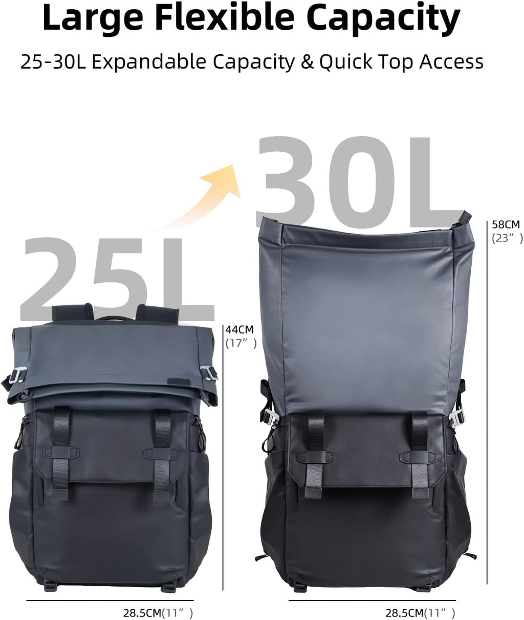 llano 25L Camera Backpack, Camera Bag for Sony Canon Nikon Drone, DSLR Mirrorless Bag for Photography, Expanable Rolltop Travel Backpack, 15,6" Laptop, Splash-WaterPoof, Tripod Holder, Black Gray