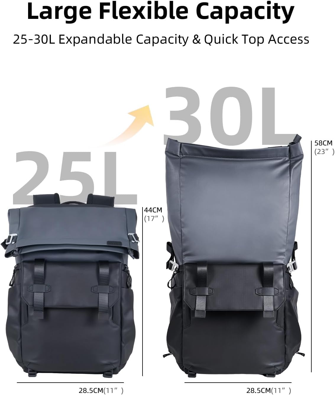 llano 25L Camera Backpack, Camera Bag for Sony Canon Nikon Drone, DSLR Mirrorless Bag for Photography, Expanable Rolltop Travel Backpack, 15,6" Laptop, Splash-WaterPoof, Tripod Holder, Black Gray