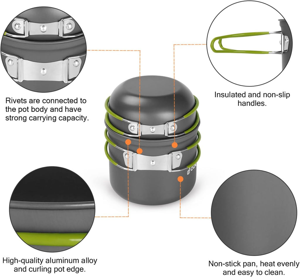 Odoland 16pcs Camping Cookware Mess Kit, Lightweight Pot Pan Mini Stove with 2 Cups, Fork Spoon Kits for Backpacking, Outdoor Camping Hiking and Picnic