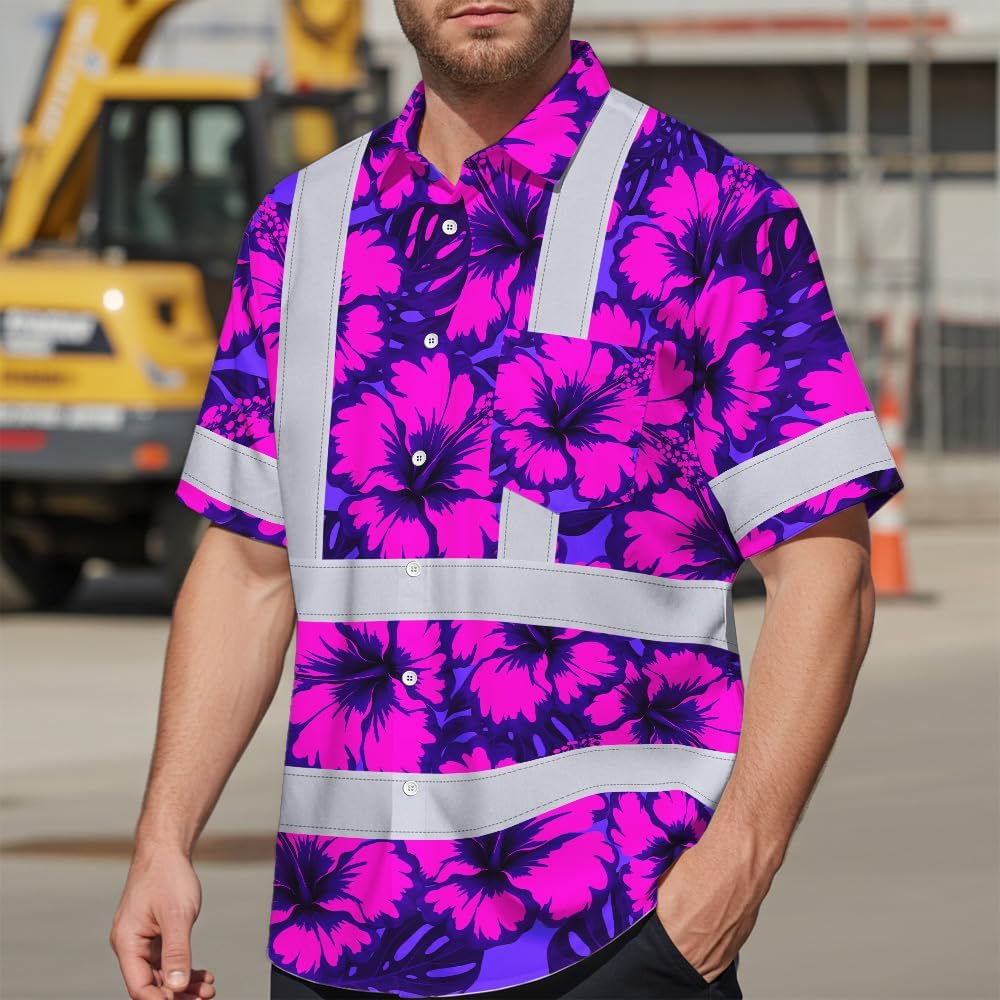 High Visibility Hawaiian Shirt for Men Tropical Shirts Custom Name Floral Outfit Reflective Safety Workwear