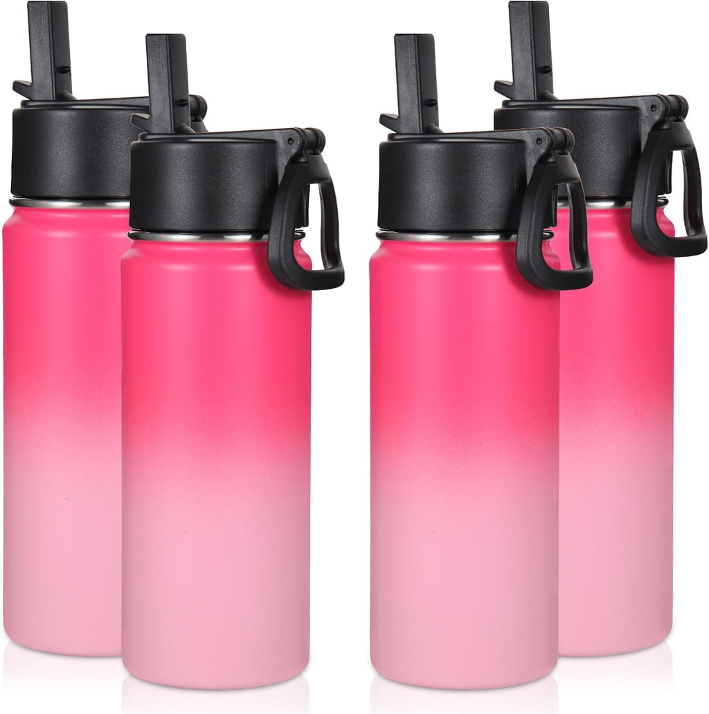 Volhoply 16 OZ Kids Water Bottle Bulk 4 Pack,Insulated Sports Bottles with Straw Lid,Stainless Steel Bottle with Handle Keep Cold & Hot,Double Wall Vacuum Cups for School,Girls(Peach, 4)