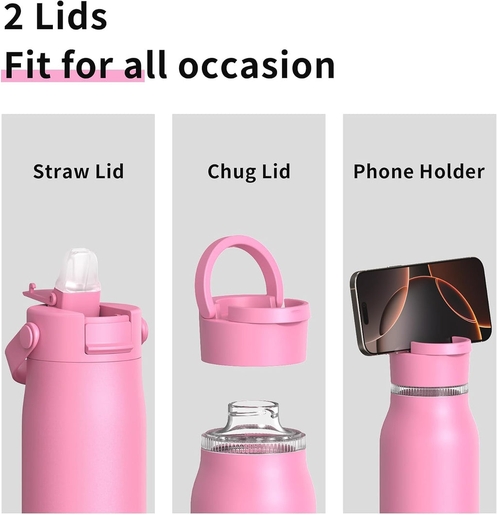 LISI 30oz Insulated Water Bottle, Double Wall Stainless Steel Water Bottles with Straw, 100% Leak-Proof Travel Thermal Canteen Mug with 2 Lids (Straw, Phone Holder Lid)