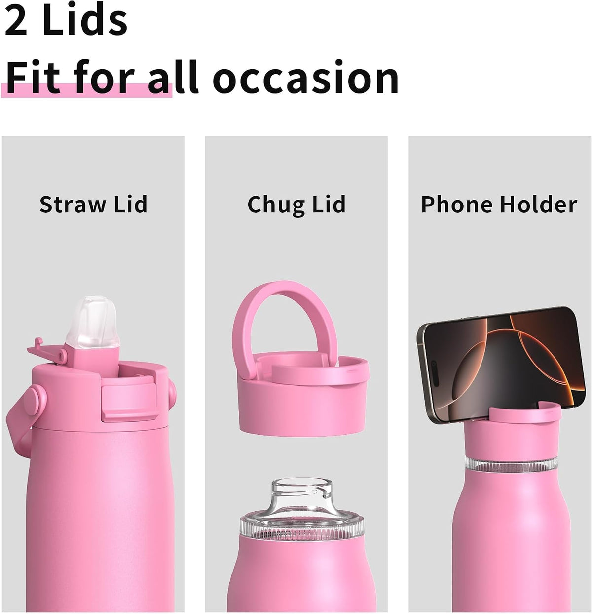 LISI 30oz Insulated Water Bottle, Double Wall Stainless Steel Water Bottles with Straw, 100% Leak-Proof Travel Thermal Canteen Mug with 2 Lids (Straw, Phone Holder Lid)