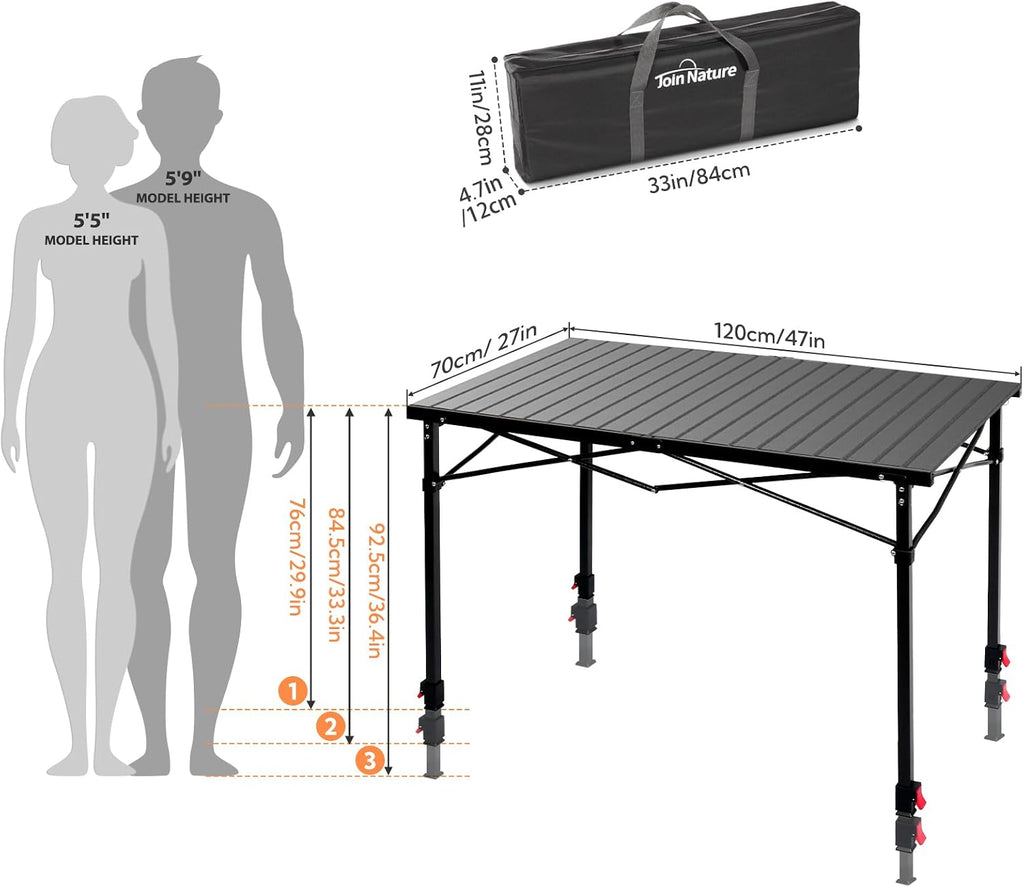 Portable Outdoor Adjustable Height Camping Table, Large for 2-6 Person