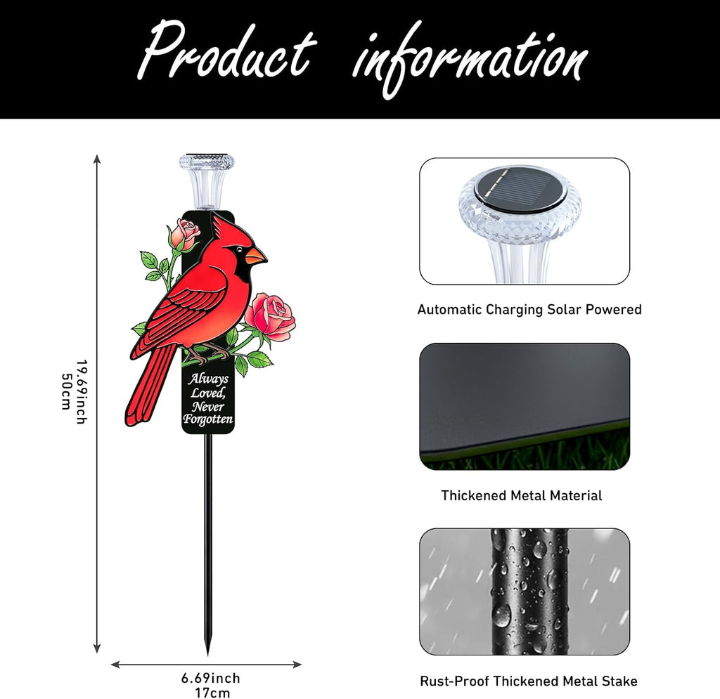 Solar Cardinal Memorial Stakes for Graves - Metal Cemetery Decorations with LED Light, Sympathy Gift for Loss of Father Dad, Mom, Grandma, Garden Grave Markers