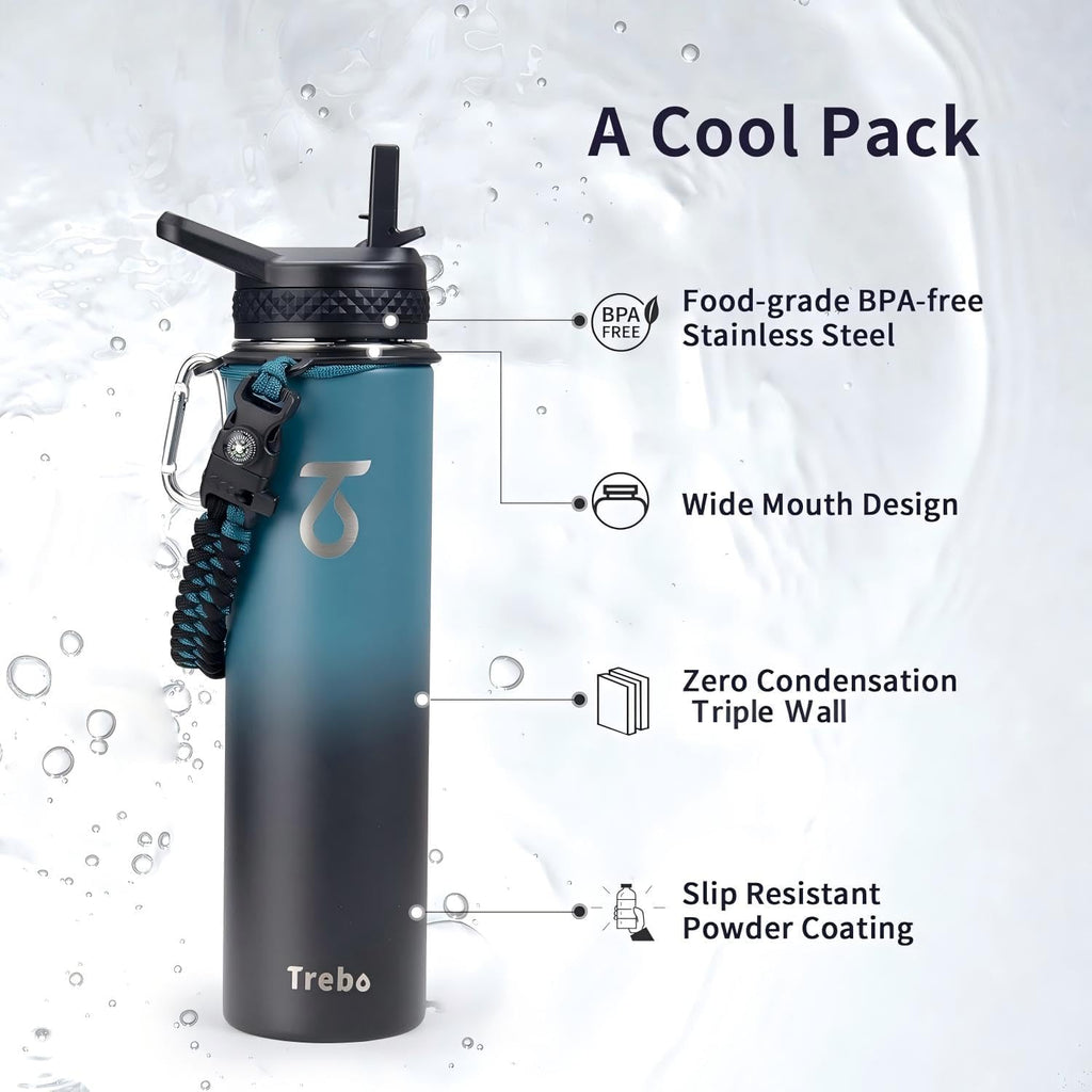 Trebo Insulated Water Bottle 24 oz with 3 Lids, Paracord Handle