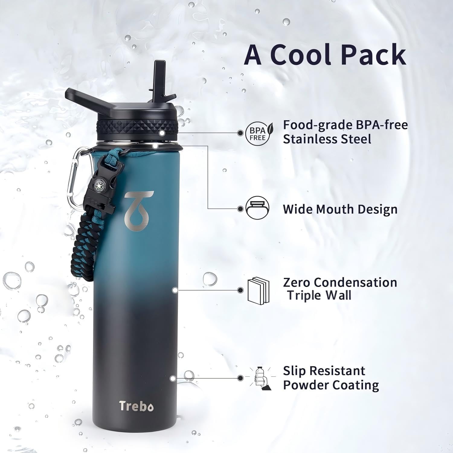 Trebo Insulated Water Bottle 24 oz with 3 Lids, Paracord Handle