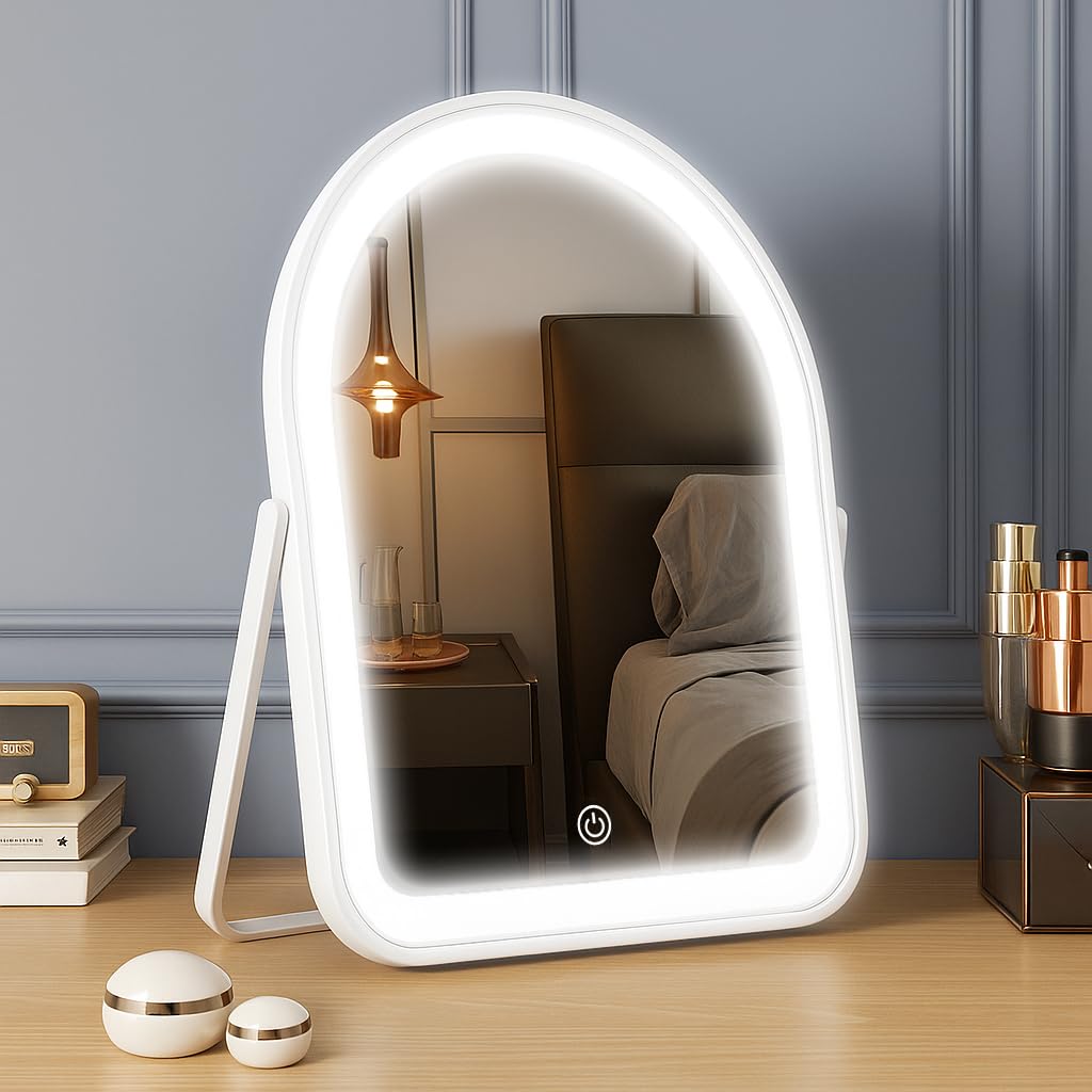 YEKKOPT Rechargeable Makeup Vanity Mirror with Lights, Small Desk Makeup Mirror with Lights, 3 Lighting Modes, Dimmable Touch Screen, Tabletop Light up Mirror