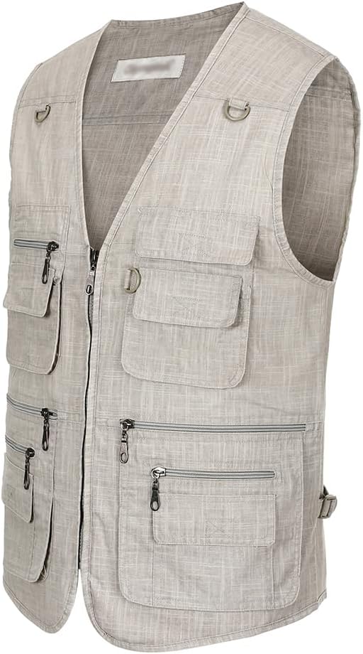 Hbufnha Men's Casual Safari Travel Vest 16 Pockets Outdoor Work Vest Sleeveless Jacket Fishing Hiking Photograph