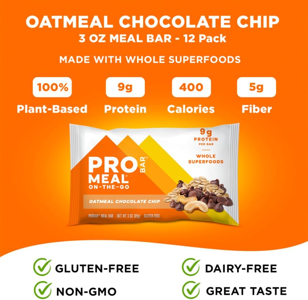 PROBAR MEAL Bar – Plant Based Meal Replacement Bar with Whole Food Ingredients, Oats, Nuts & Seeds, Vegan, Gluten Free, Non-GMO Nutrition Bar for Breakfast, Travel & On-the-Go Energy (Oatmeal Chocolate Chip, 12 Count)