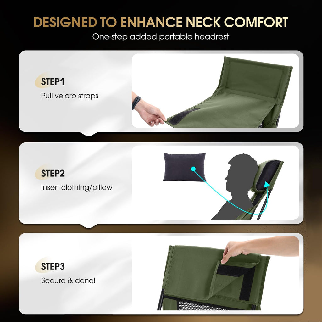 MOON LENCE Oversized High Back Camping Chair for Adults, Height Adjustable Folding Camp Chair | 400 lbs Capacity & 5.4 lbs Weight, Hidden Pillow Pocket Wide Seat for Camping Fishing Overlanding, Green