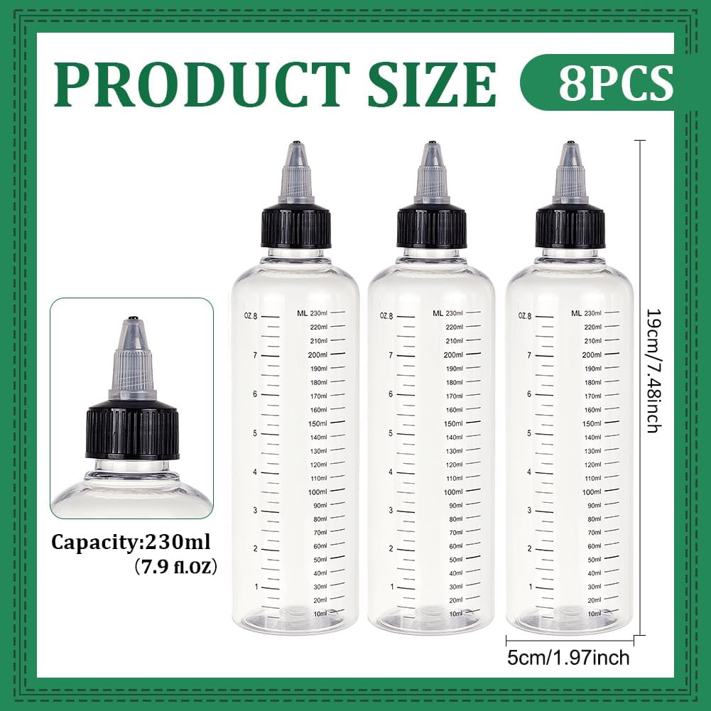 BENECREAT 8 Pack 8oz Large Transparent Plastic Dispensing Bottle with Twist Cap and Graduated Measurement for Liquids, Inks, Oils, Arts and Crafts