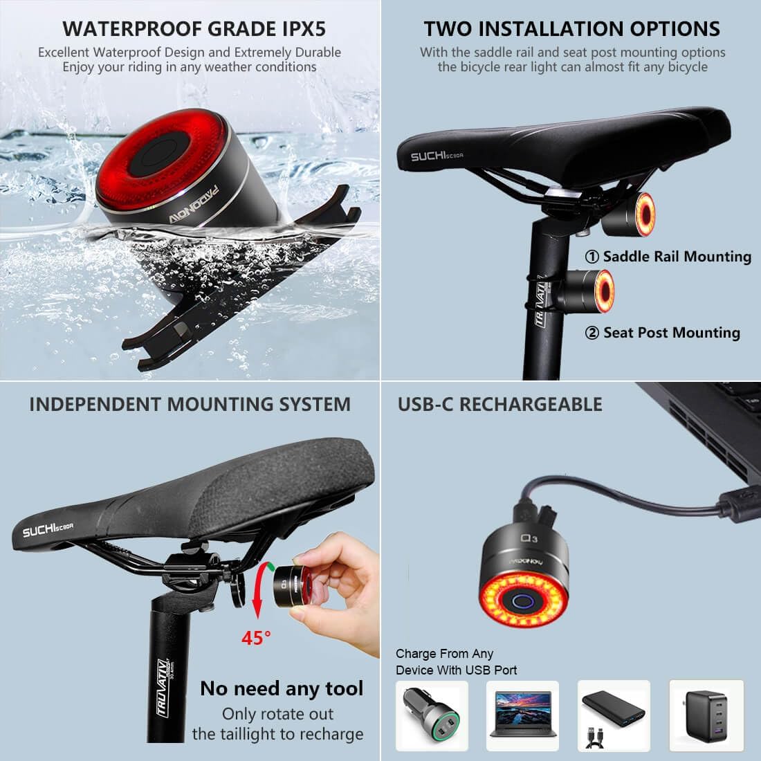 Padonow Smart Bike Tail Light: Auto On/Off Rear Bicycle Flashlight Ultra Bright Back Brake Light High Lumen Daytime Strobe USB Rechargeable Safety Red Led Taillight Waterproof Road Cycling Lights