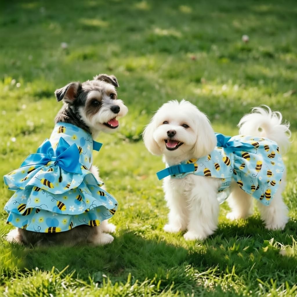 PUPTECK Summer Dog Dress with Bow and Leash Ring, Blue Yellow Bee M