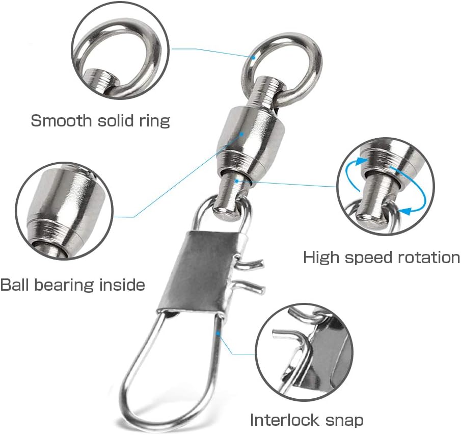 AMYSPORTS Fishing Swivels with Interlock Snap Ball Bearing Swivels Fishing Snap Swivels Saltwater Freshwater Fishing Tackle Leader Lure Jigs Line Fishing Connector
