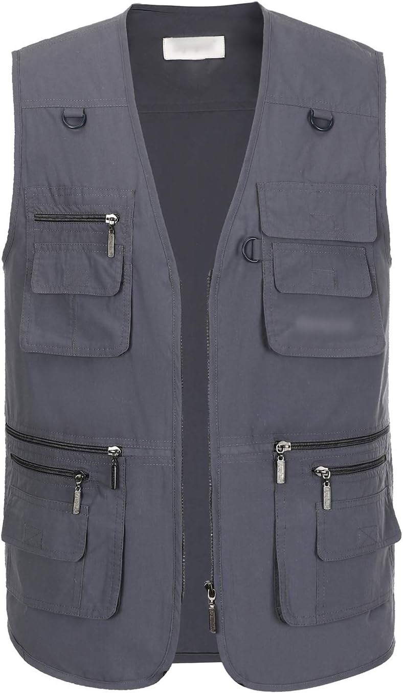 Hbufnha Men's Casual Safari Travel Vest 16 Pockets Outdoor Work Vest Sleeveless Jacket Fishing Hiking Photograph