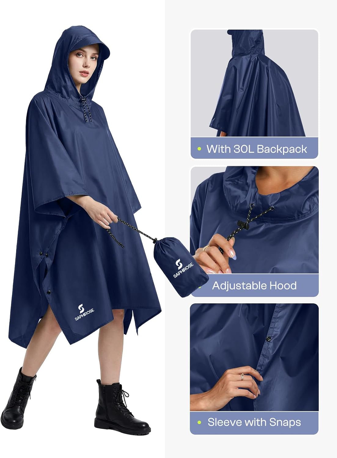SaphiRose Hooded Rain Poncho Waterproof Raincoat Jacket for Men Women Adults