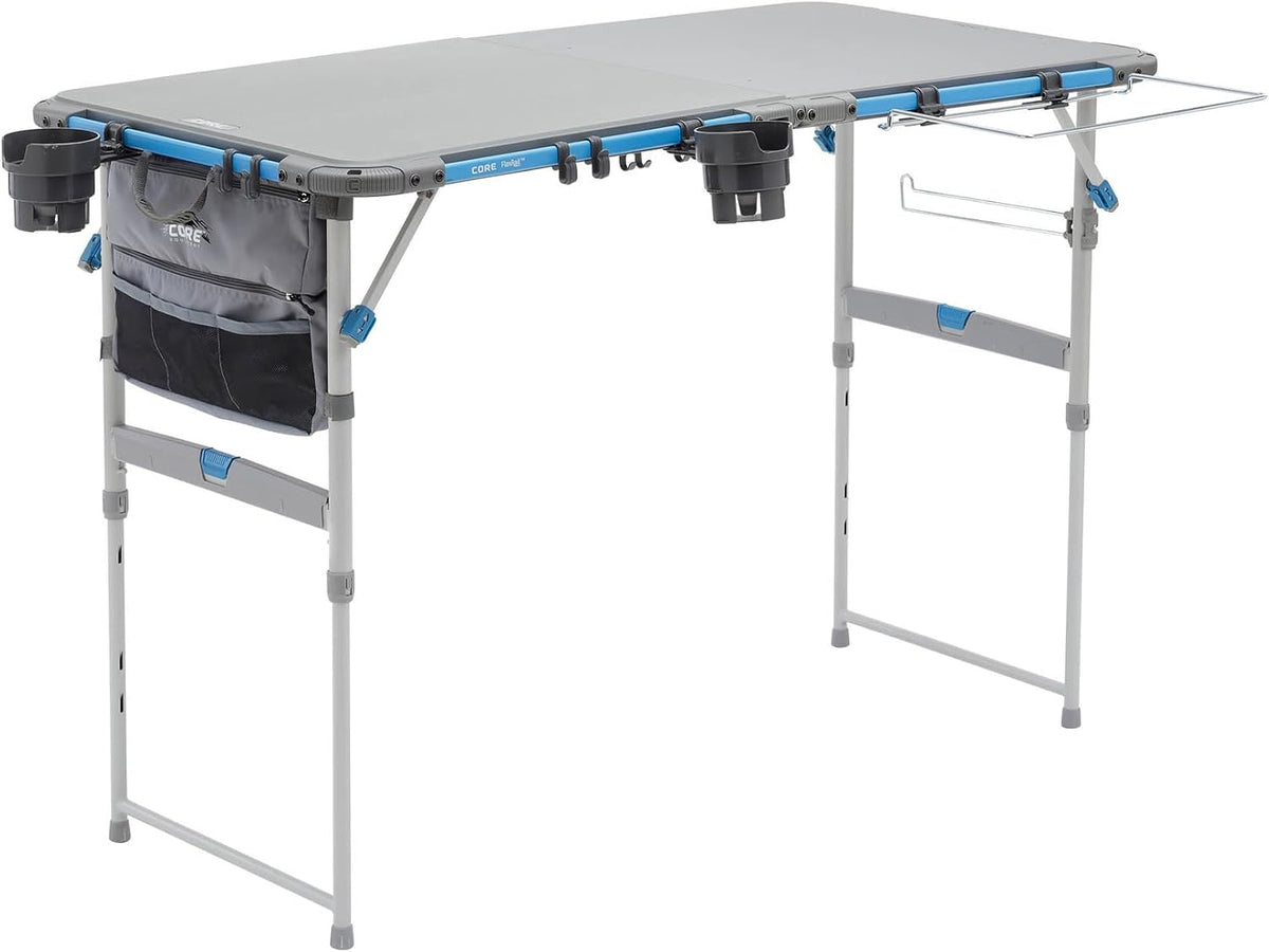 CORE Outdoor Cook Table | 4 Foot Table with Adjustable Height and Storage for Cooking Accessories | Foldable & Portable for Beach, Picnic, Backyards, BBQ, Tailgate, Patio and Party