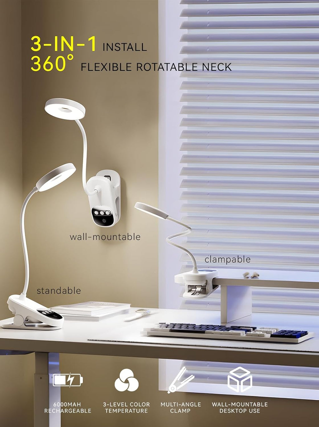 Clip On Desk Lamp Wireless 6000mAh Rechargeable LED Reading Light 3 Colors