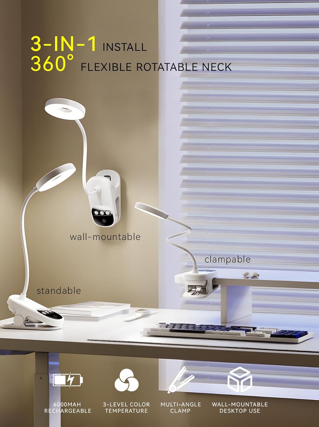 Clip On Desk Lamp Wireless 6000mAh Rechargeable LED Reading Light 3 Colors