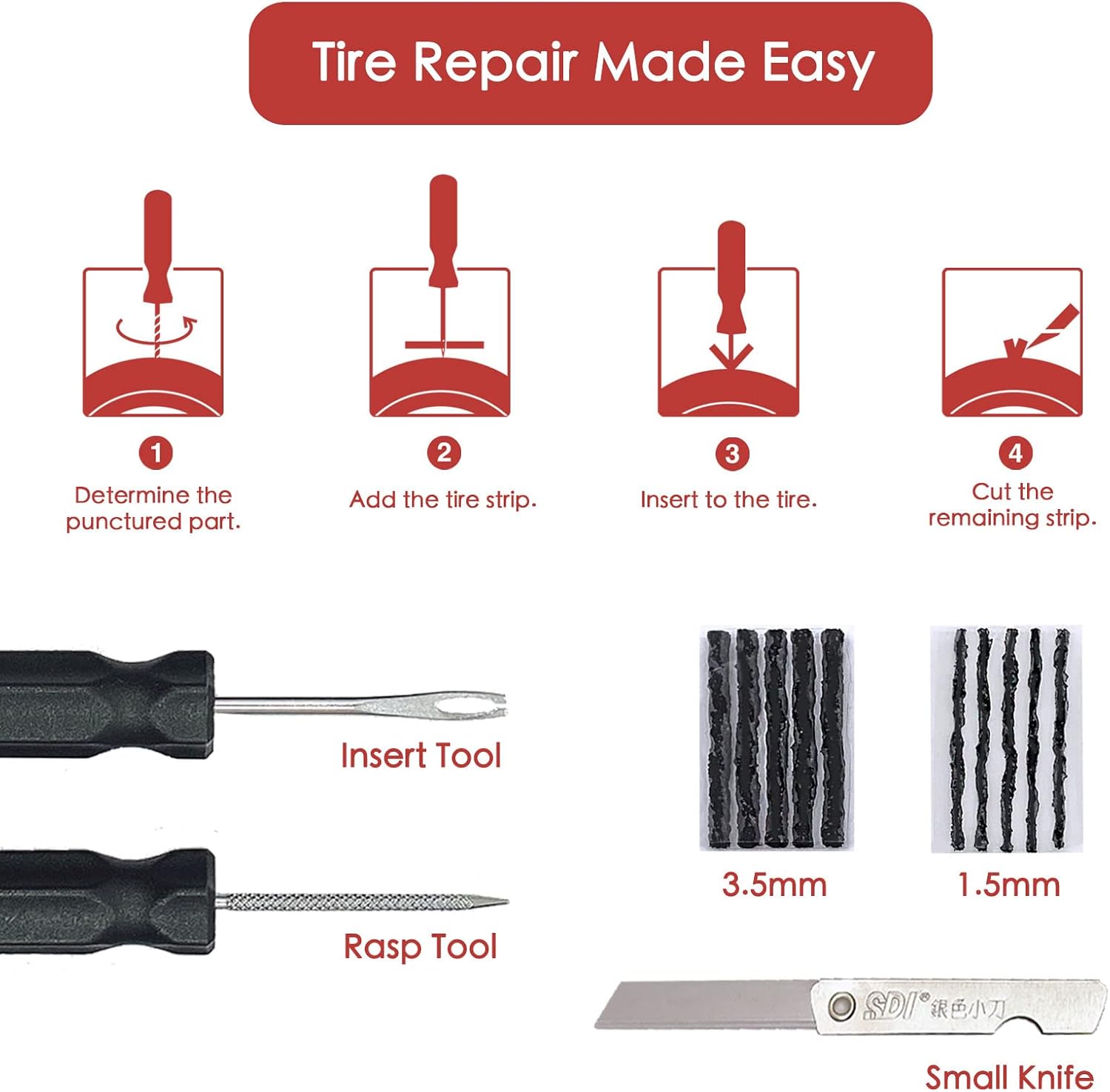 PAX 36Pcs Bike Tire Flat Repair Tool Kit Bag, Including Tube Patches, Tire Strip Plugs, Glueless Repair Kit, Nylon Tire Lever, Handle Tool, Valve Cap, and Metal Buffer, for Road, Mountain Bicycle