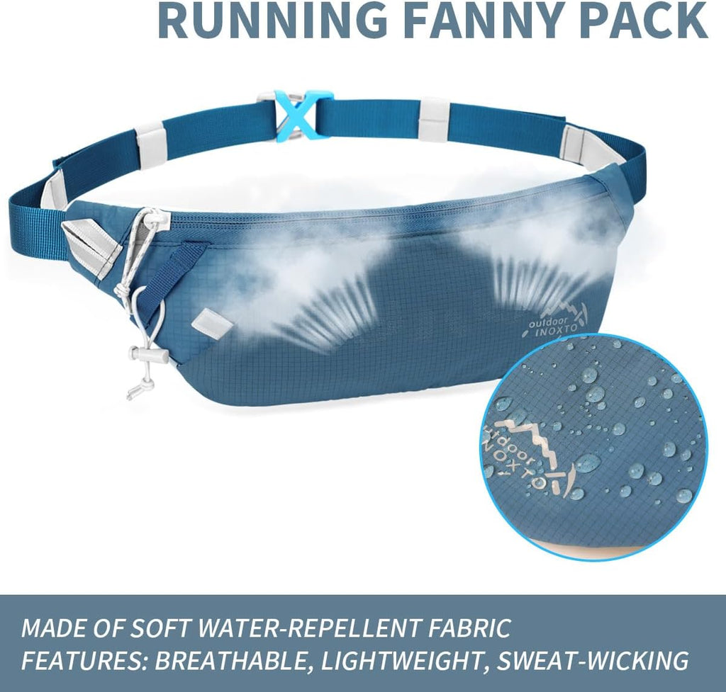 INOXTO Slim Running Belt Fanny Pack for Women and Men Sports Waist Bag Pack with 300ml Water Bottle for Running Walking Cycling Hiking Reflective Running Pouch Belt for All Phones (Black) (Dack Blue)