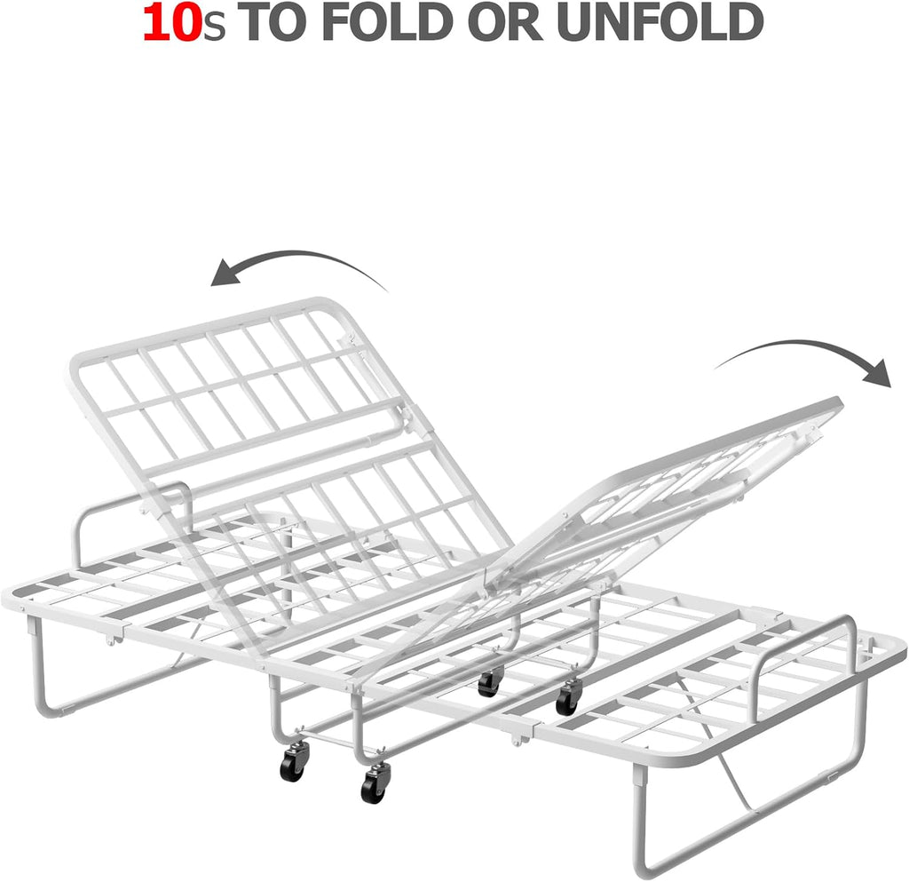 Folding Bed with Mattress Twin, Heavy Duty Steel Slat Frame, Portable Rollaway Bed with Firm Foam Mattress, Easy Assembly, Ideal for Guests & Camping, White