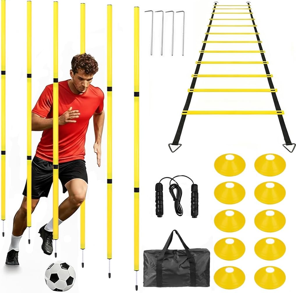 Soccer Agility Training Equipment, 6 Adjustable Soccer Training Agility Poles, 1 Speed Agility Ladder,10 Soccer Agility Cones for Training, 1 Jump Rope + Storage Bag for Youth Soccer Drills