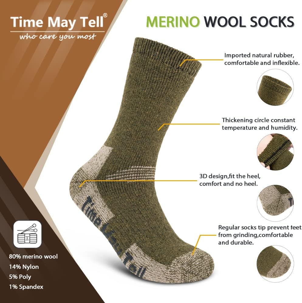 Time May Tell Merino Wool Hiking Boot Socks Cushioned Warm Outdoor Socks