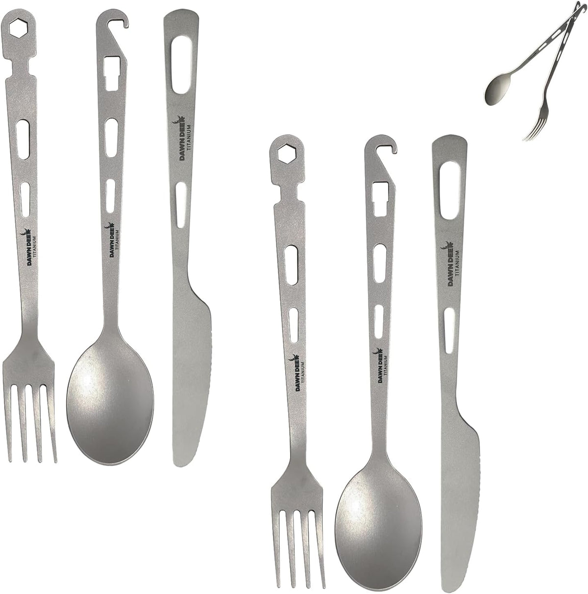 Titanium Fork Spoon Knife Set - Camping Tongs | Ultralight Backpacking Utensils, Travel Cutlery Set, Heat-Resistant & Rustproof, Hiking Survival Gear (Knife+ Fork+ Spoon)