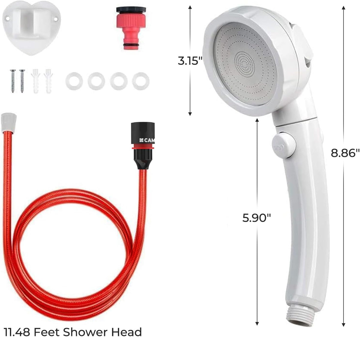 CAMPLUX Hand Held Showerhead with 11.48 FT Hose, 3-Setting Portable Spray Shower Head, High Pressure Shower Head with ON/Off Switch